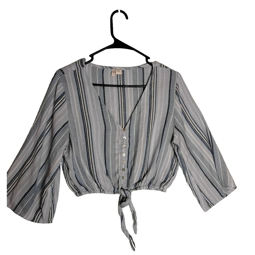Japna Cropped Top Blouse V-Neck striped 3/4 Flared Sleeves elastic waist SZ S